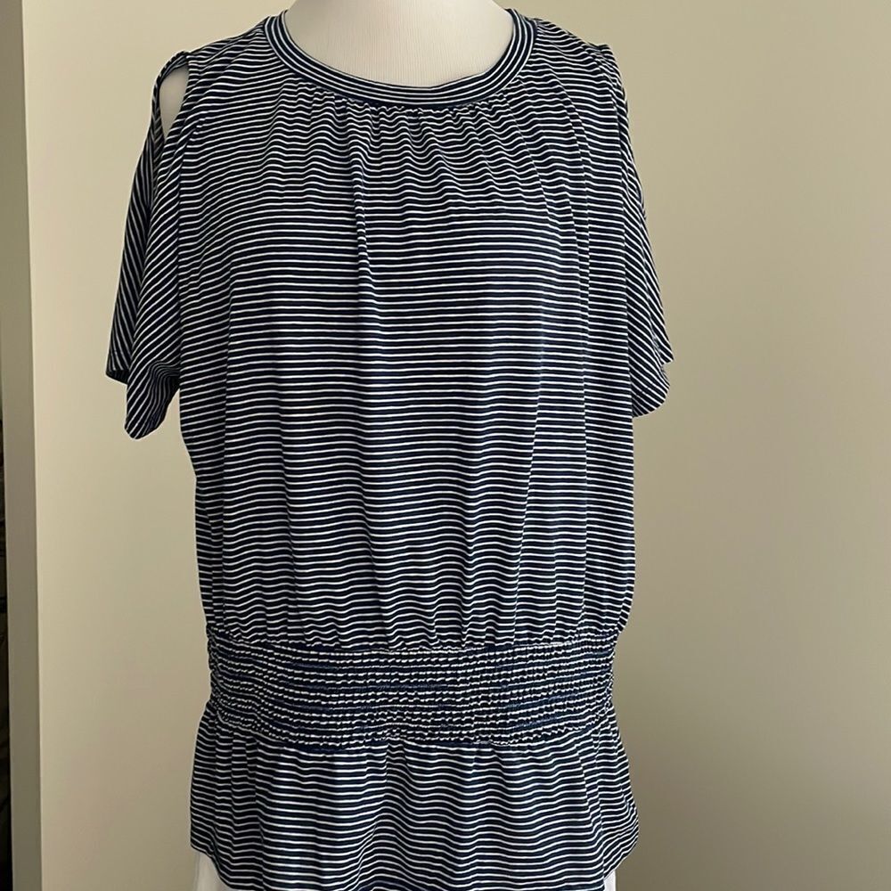 Liz Claiborne nautical striped top w/elastic waist openings in shoulders womens